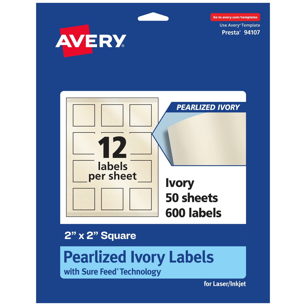 Avery Pearlized Ivory Square Labels with Sure Feed Technology, Print-to-the-Edge, 2" x 2"